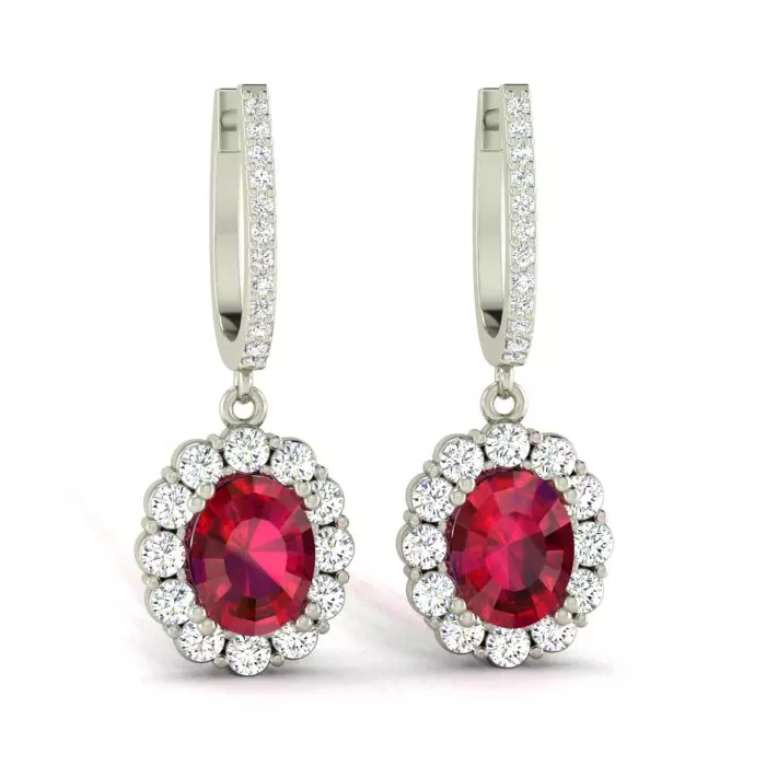 14K WHITE GOLD OVAL RUBY DROP EARRINGS